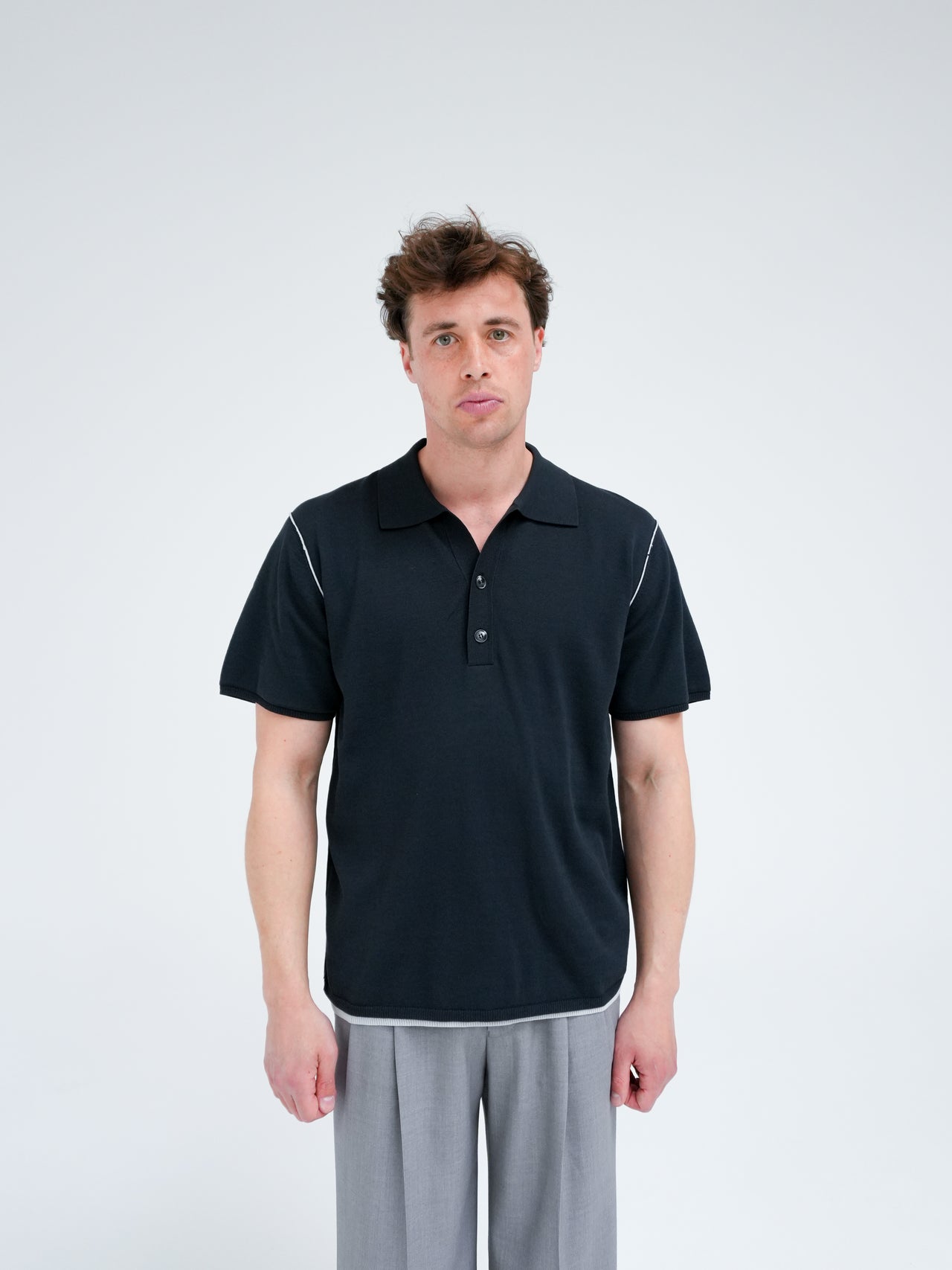 Jonas Two Layer Knit Polo in Black by Won Hundred