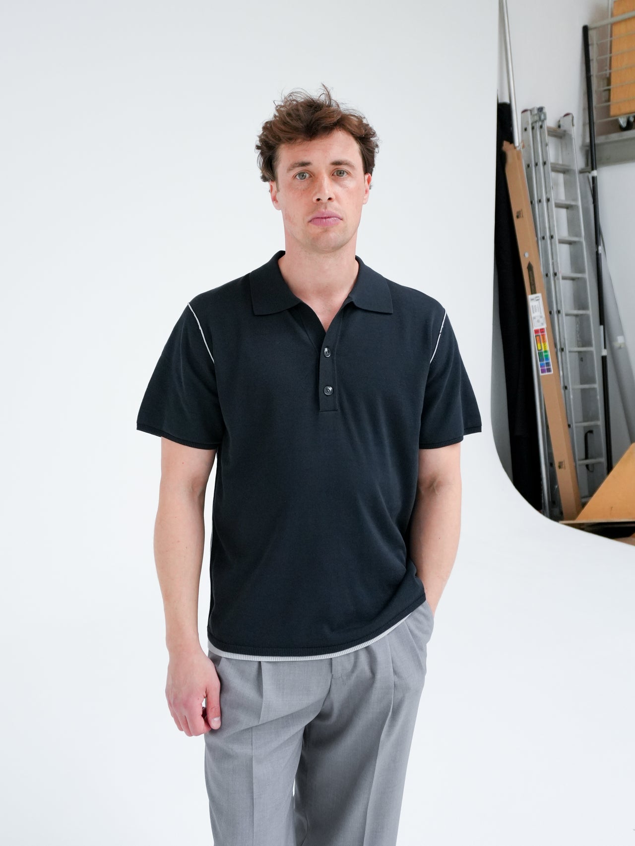Jonas Two Layer Knit Polo in Black by Won Hundred