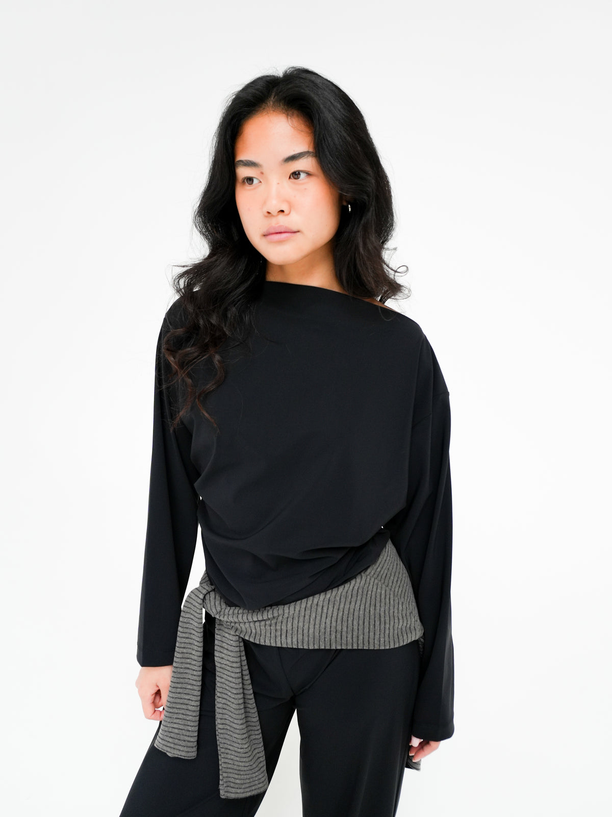 Draped Long Sleeve Top in Black by Reyèm