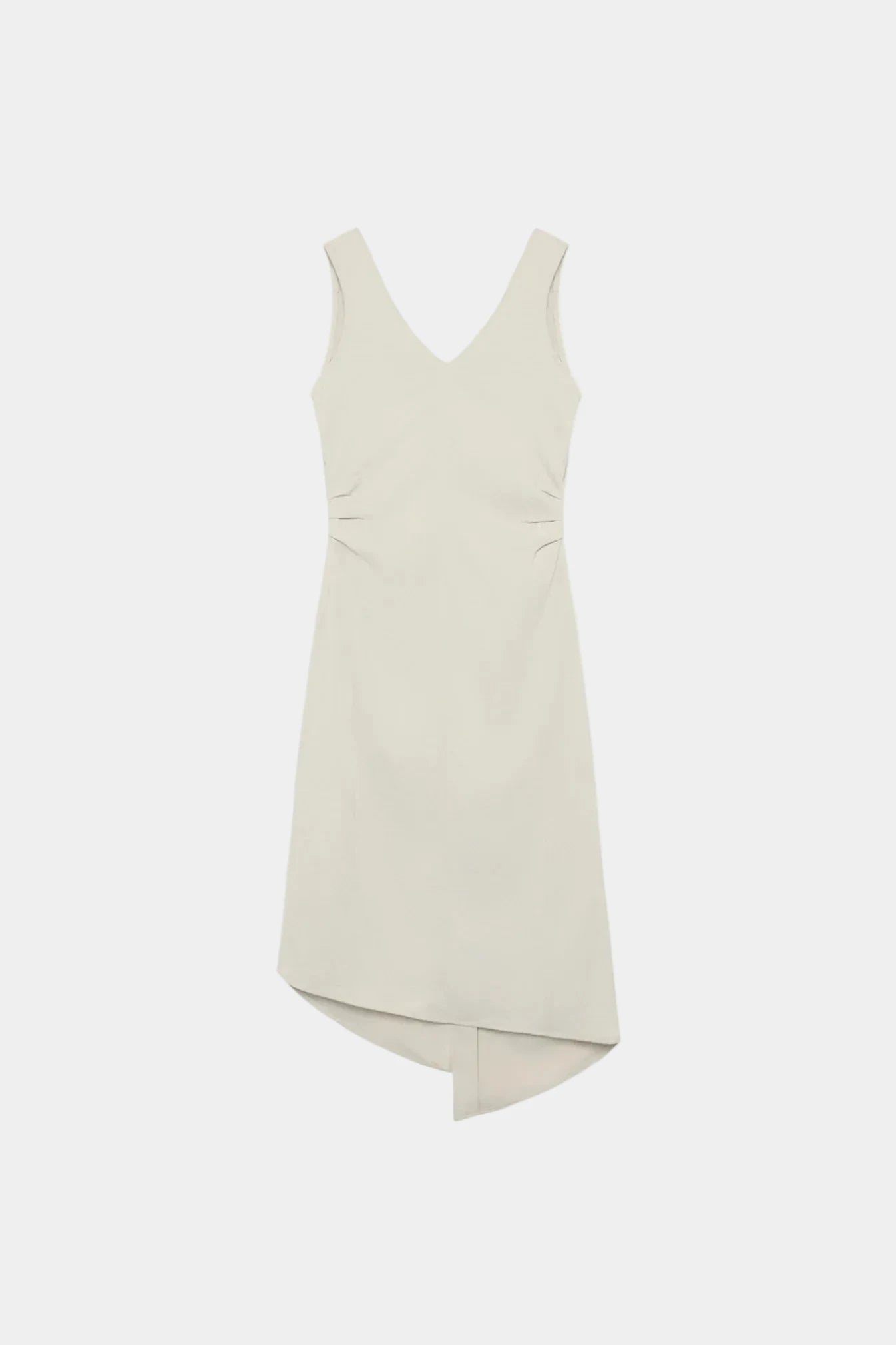 Beige sleeveless dress with a V-neck and draped front on a white background
