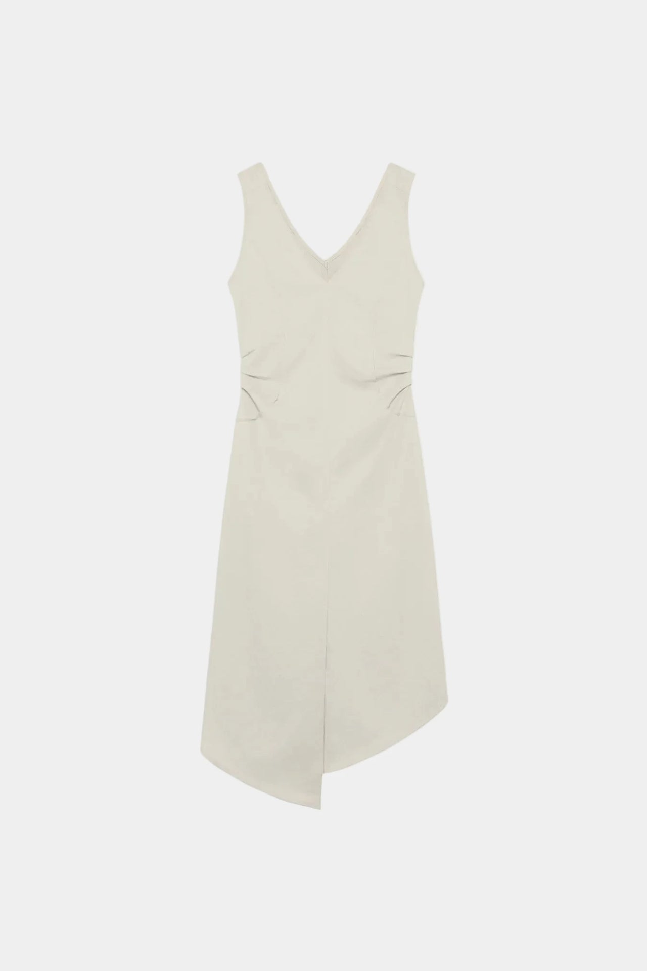 Beige sleeveless dress with a V-neck and draped front on a white background
