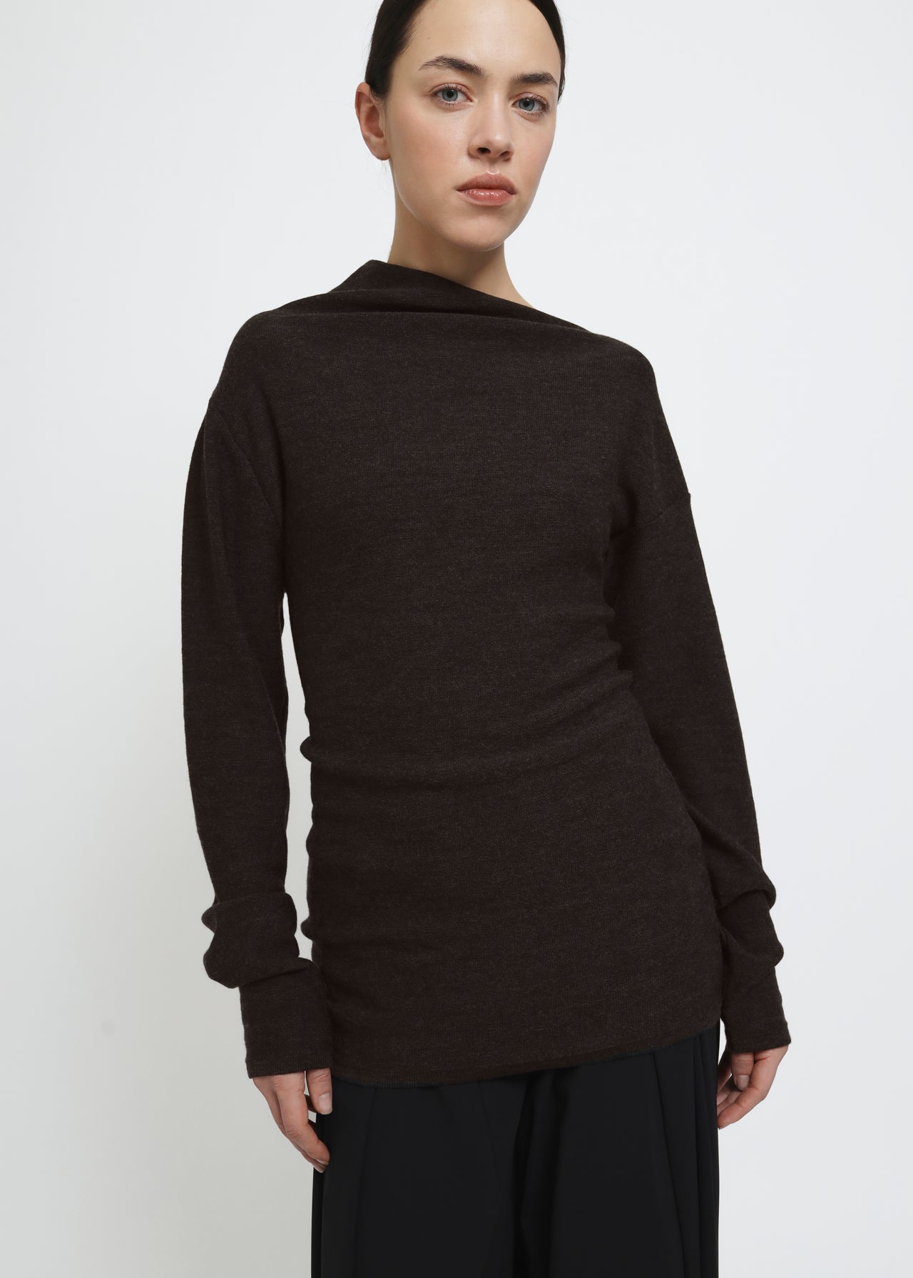Knitted Asymmetric Longsleeve in Umber by Reyèm